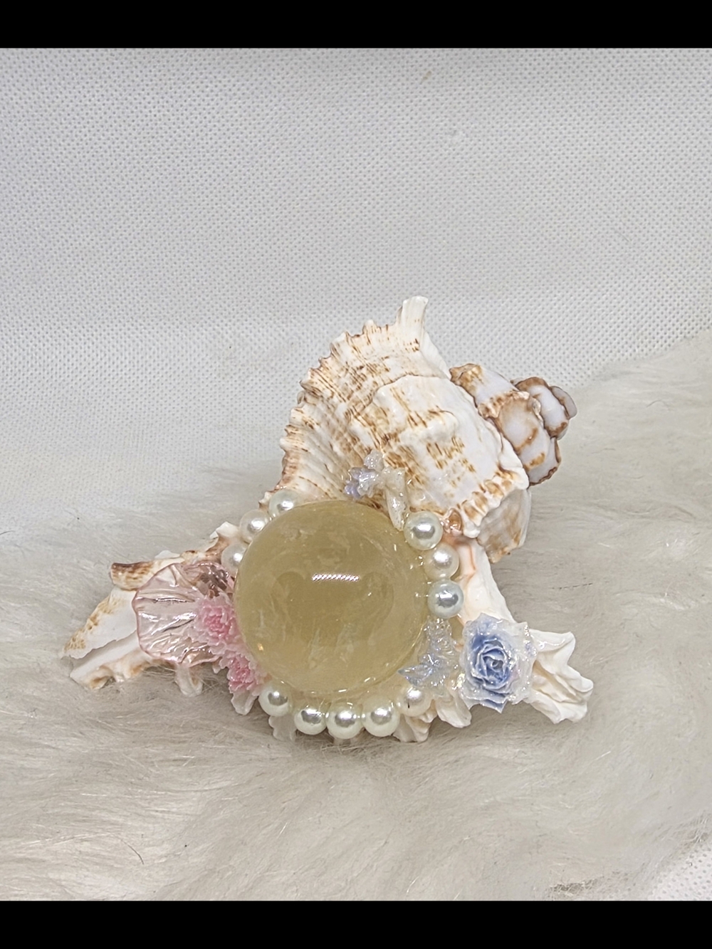 Handmade Seashell Decor Golden Healer Quartz Sphere | Coastal Crystal Display